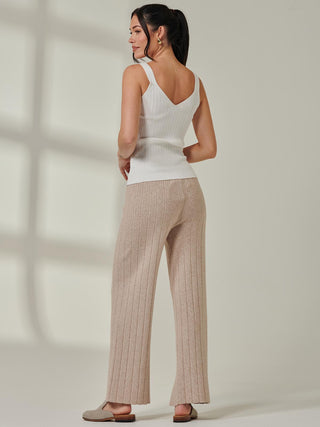 Ribbed Knit Wide Leg Trousers, Mink Heather