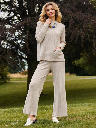 Ribbed Knit Wide Leg Trousers, Mink Heather