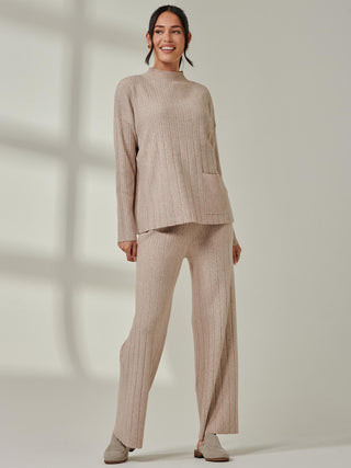 Ribbed Knit Wide Leg Trousers, Mink Heather