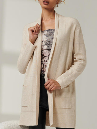 Shawl Collar Check Knit Cardigan, Beige Heather