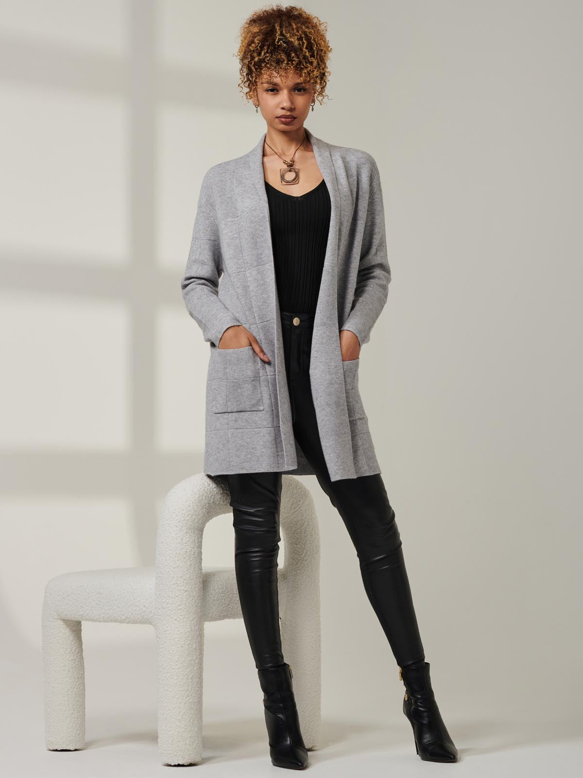 Shawl Collar Check Knit Cardigan, Grey Heather – Jolie Moi Retail