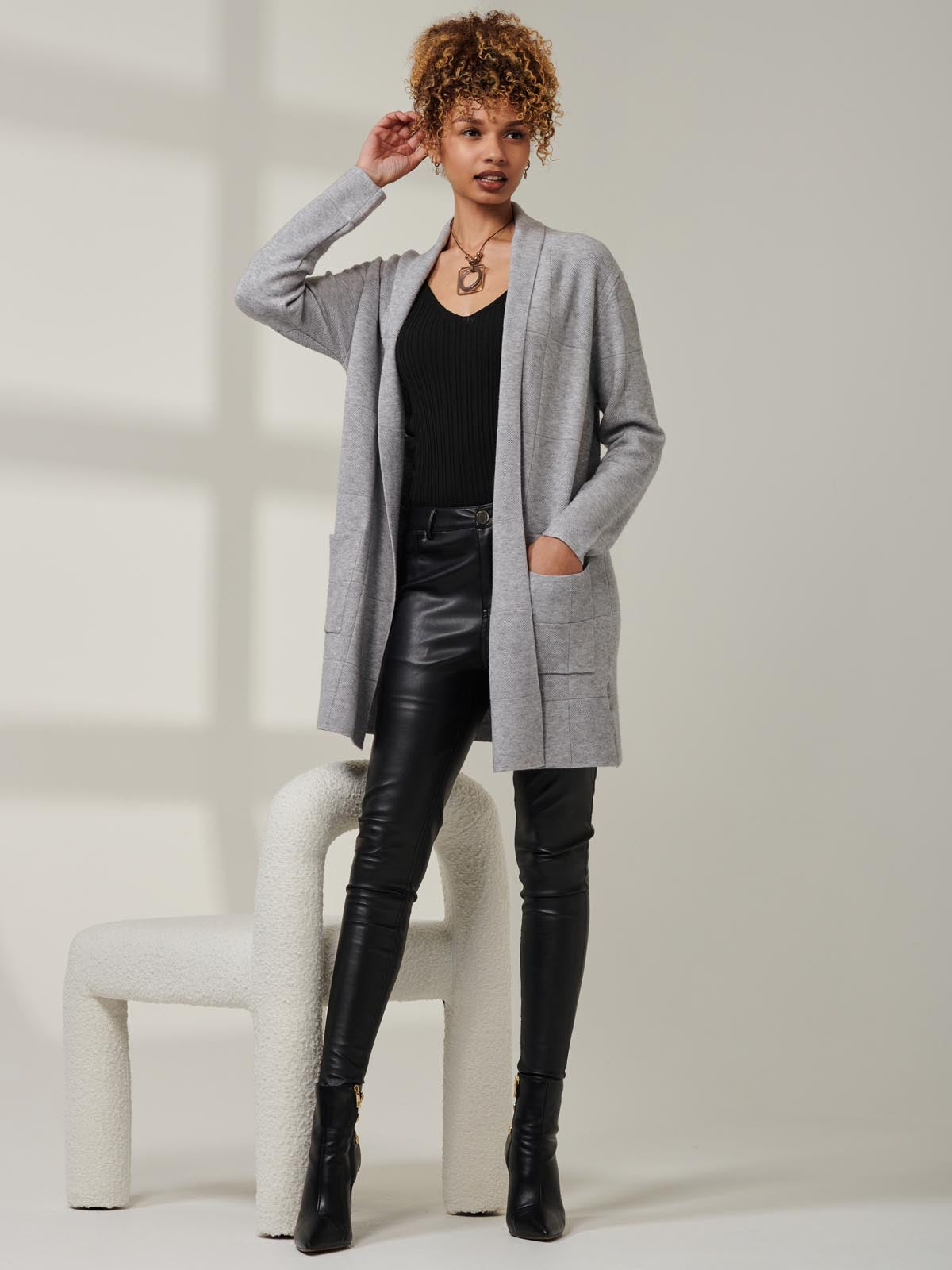 Shawl Collar Check Knit Cardigan, Grey Heather – Jolie Moi Retail