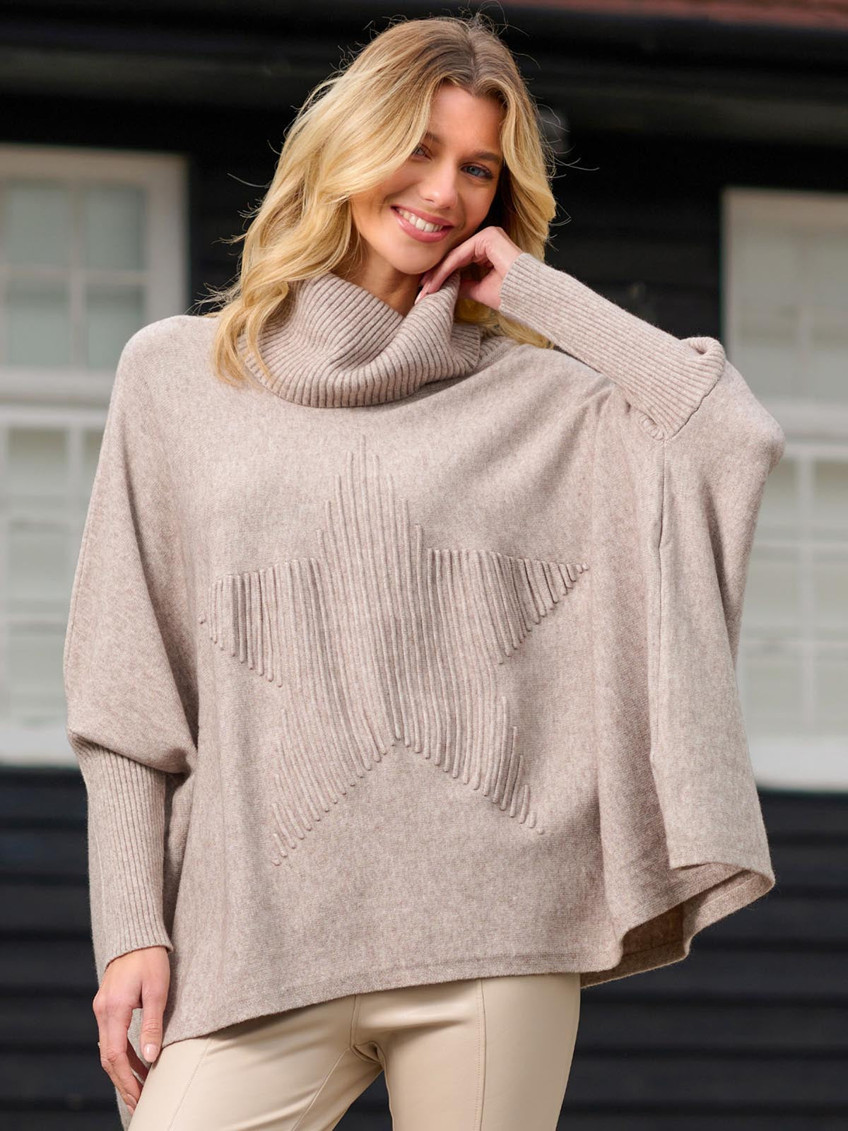 Star Front Roll Neck Knit Jumper Taupe Jolie Moi Retail