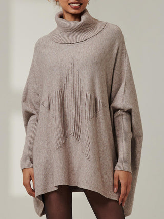 Star Front Roll Neck Knit Jumper, Taupe