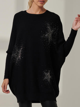 Rhinestone Sparkle Star Knit Jumper, Black