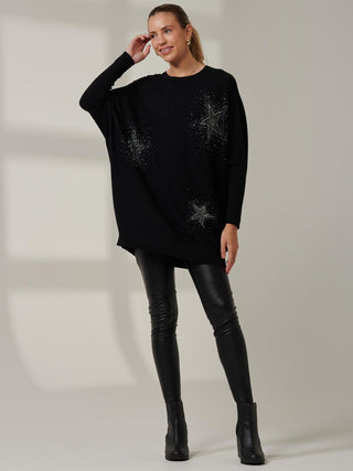 Rhinestone Sparkle Star Knit Jumper, Black