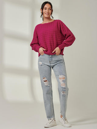 Bubble Stitch Batwing Knit Jumper, Raspberry