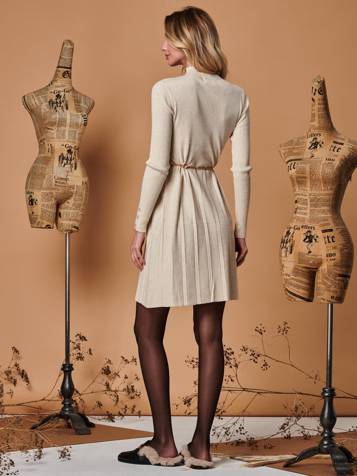 Long Sleeve Fit & Flare Knit Dress, Beige Heather