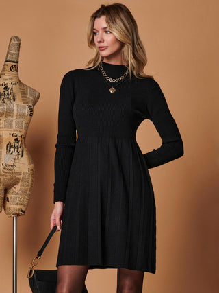 Long Sleeve Fit & Flare Knit Dress, Black