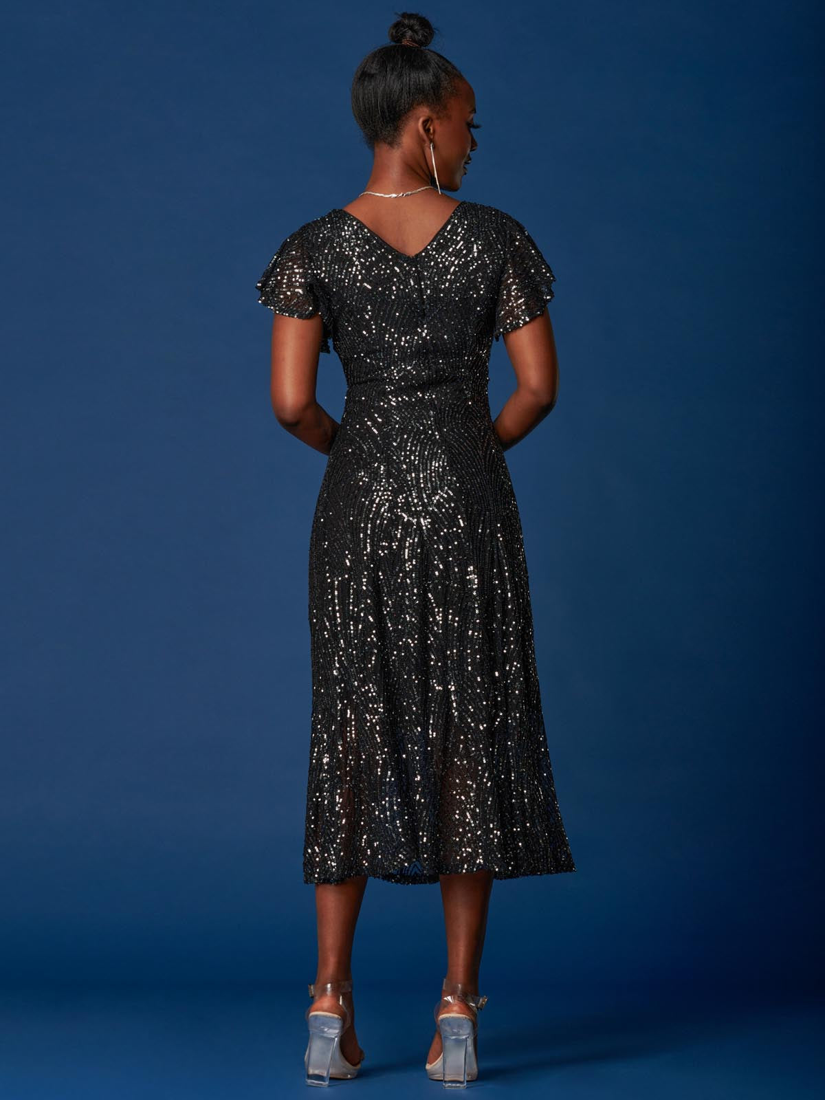 Black sequin fit 2025 and flare dress