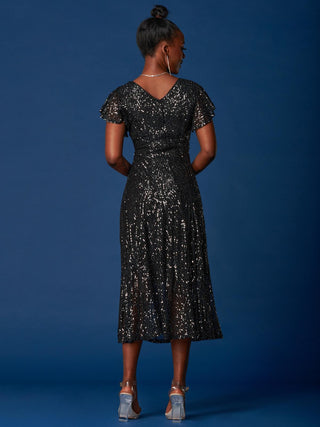Sequin Fit & Flare Maxi Dress, Black