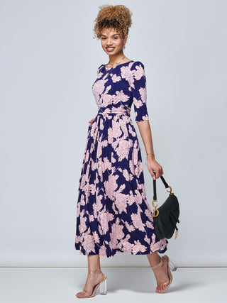 Karla 3/4 Sleeve Jersey Maxi Dress, Navy Floral