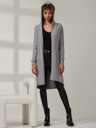 Drawstring Waist Hooded Cardigan, Dove Heather