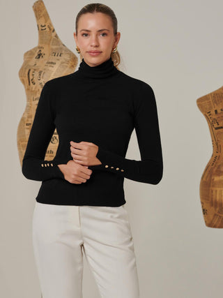 Turtleneck Fine Knit Fittted Jumper, Black