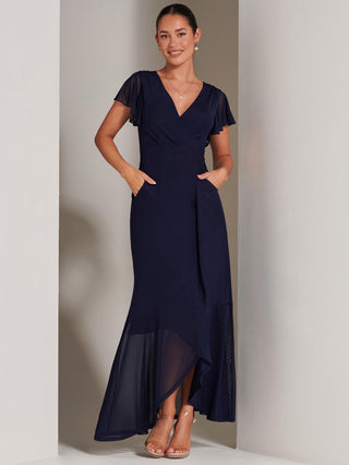 Racquell Plain Frill Mesh Maxi Dress, Navy