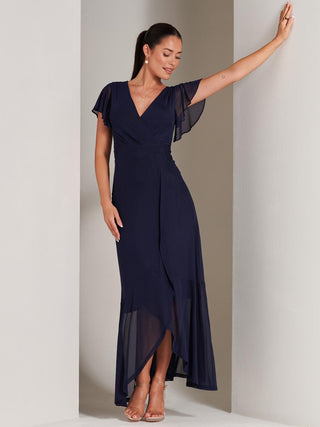 Racquell Plain Frill Mesh Maxi Dress, Navy