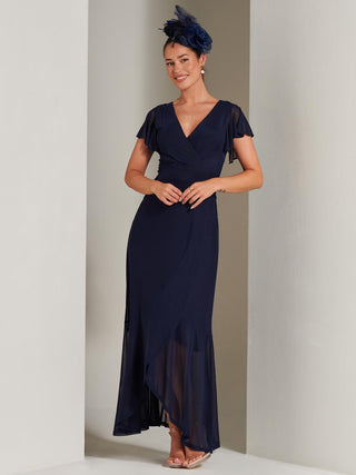 Racquell Plain Frill Mesh Maxi Dress, Navy