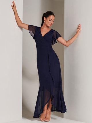 Racquell Plain Frill Mesh Maxi Dress, Navy