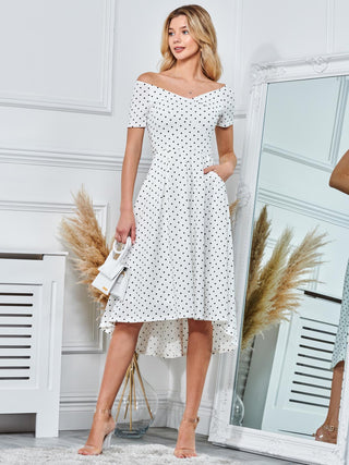 White Polka Polka Dot Frill Midi Dress Fit Flare Pleated Ponte