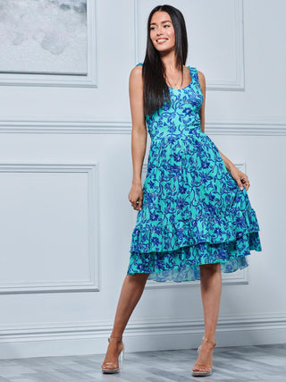 Gabriel Tiered Sleeveless Jersey Dress, Blue Floral