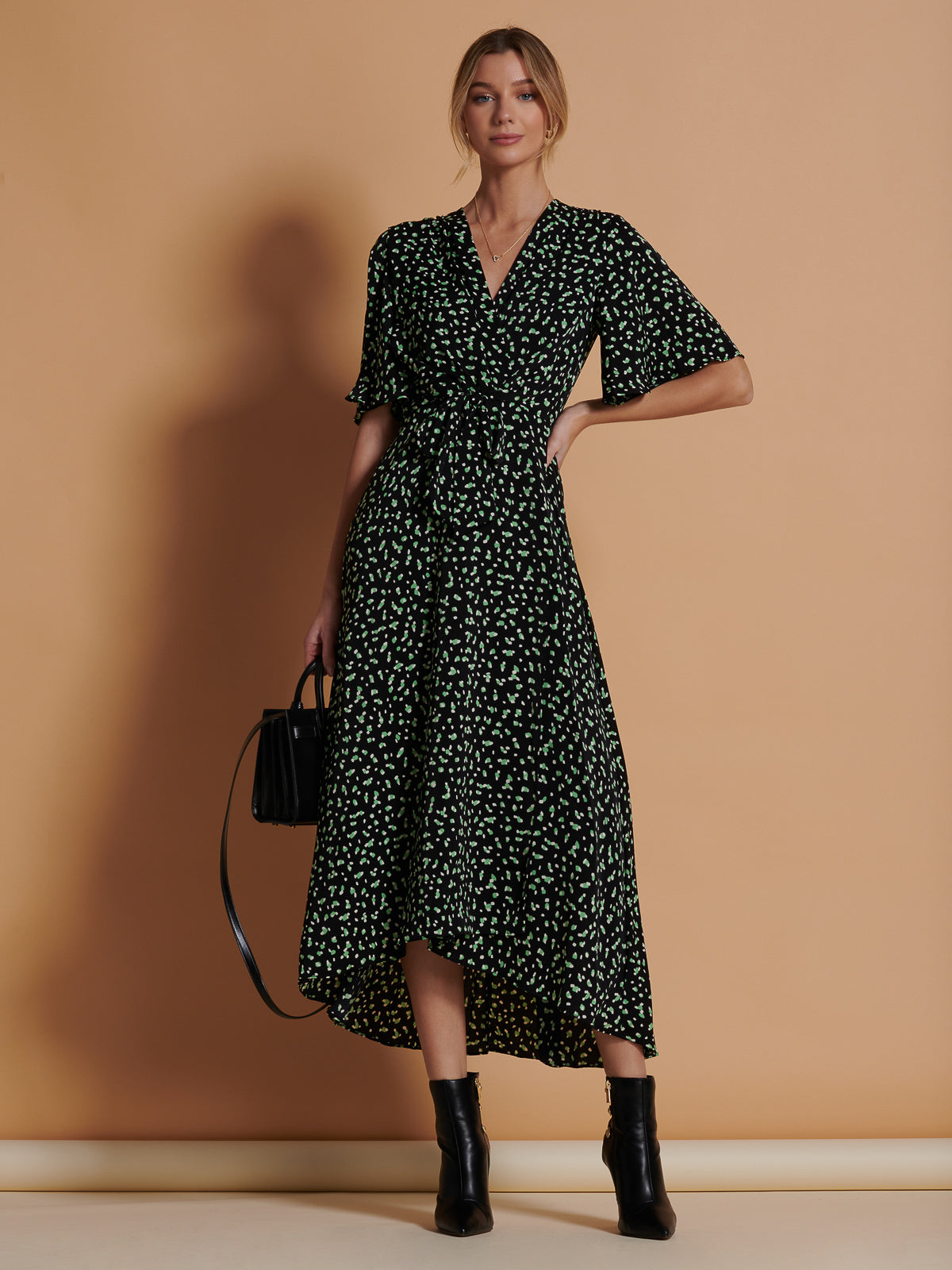 Black spot outlet wrap dress