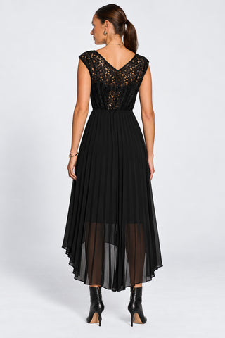 Lace Bodice Chiffon Dip Hem Midi Dress, Black