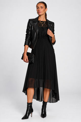 Lace Bodice Chiffon Dip Hem Midi Dress, Black