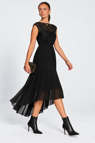 Lace Bodice Chiffon Dip Hem Midi Dress, Black