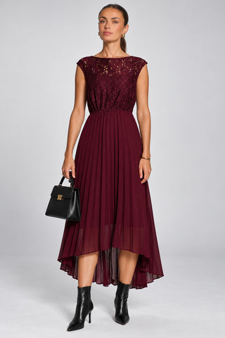 Lace Bodice Chiffon Dip Hem Midi Dress, Burgundy