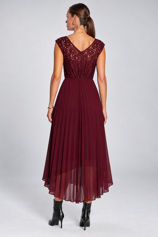 Lace Bodice Chiffon Dip Hem Midi Dress, Burgundy