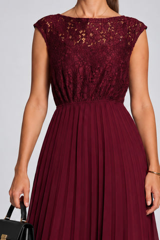 Lace Bodice Chiffon Dip Hem Midi Dress, Burgundy