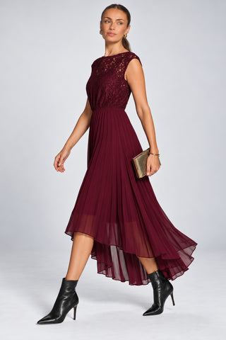 Lace Bodice Chiffon Dip Hem Midi Dress, Burgundy