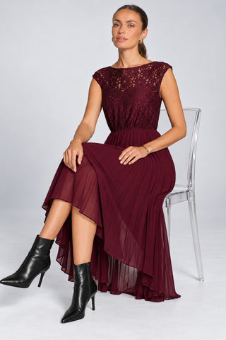 Lace Bodice Chiffon Dip Hem Midi Dress, Burgundy