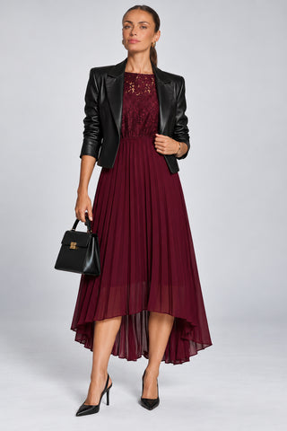 Lace Bodice Chiffon Dip Hem Midi Dress, Burgundy