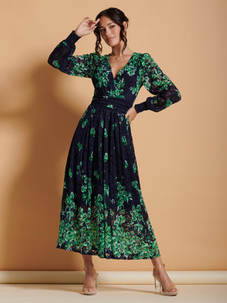 Amica Symmetrical Print Lace Maxi Dress, Green Floral