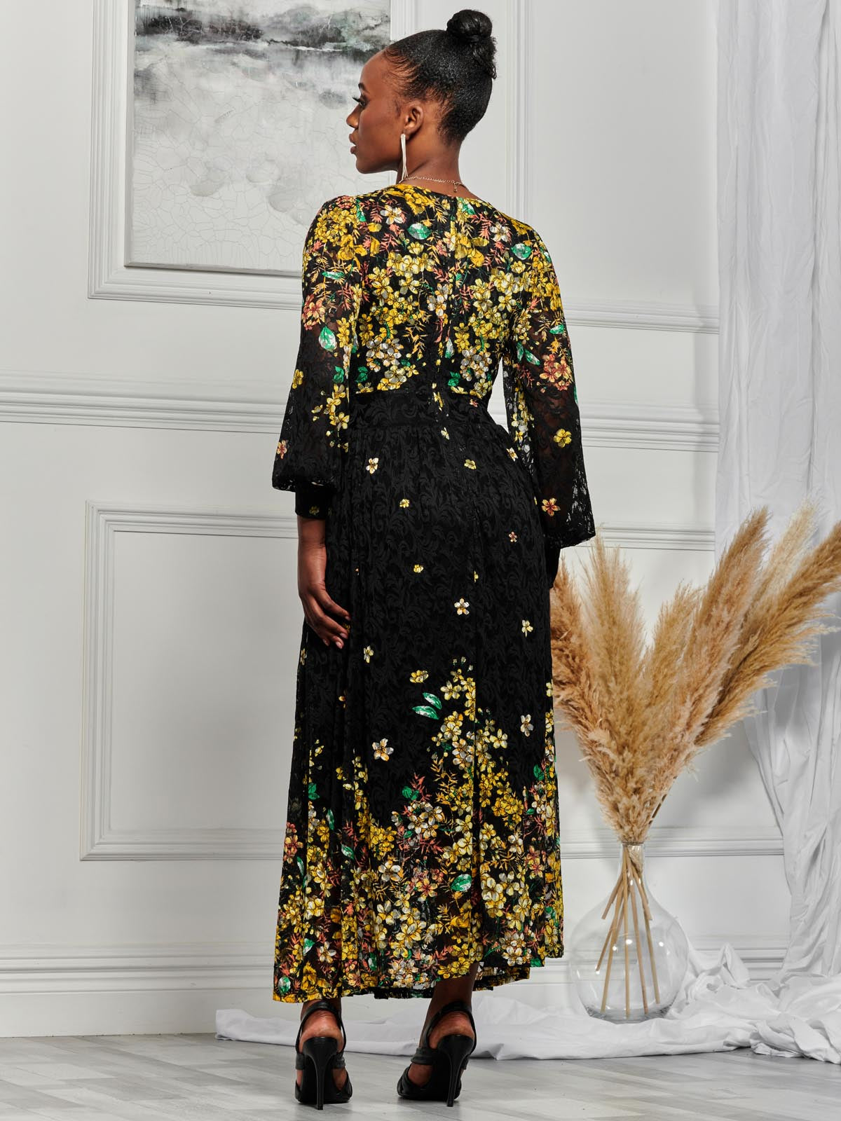 Amica Symmetrical Print Lace Maxi Dress Yellow Floral Jolie Moi Retail