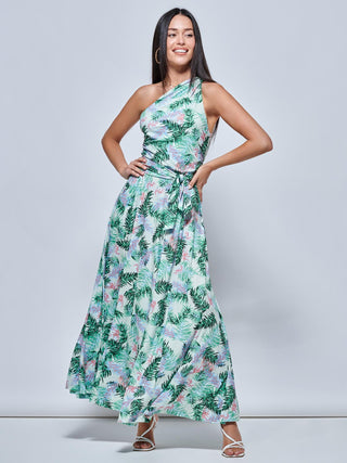 Leaf Print One Shoulder Maxi Dress, Green Multi