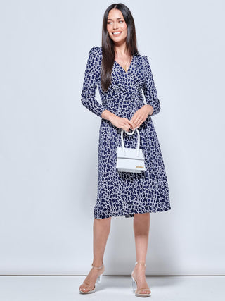 Long Sleeve Jersey Midi Dress, Navy Geo