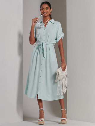 Jessie Linen Shirt Midi Dress, Light Blue