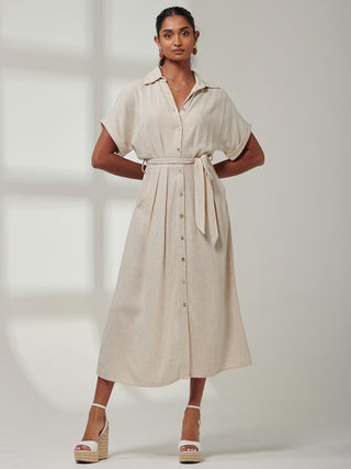 Jessie Linen  Shirt Midi Dress, Oatmeal