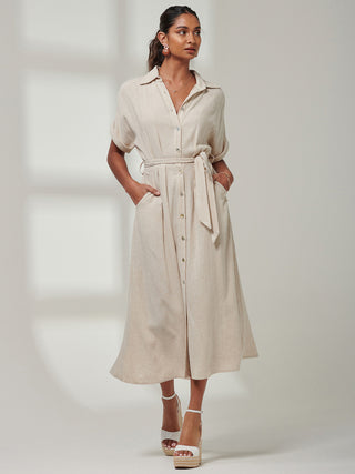 Jessie Linen  Shirt Midi Dress, Oatmeal