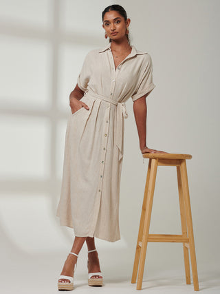 Jessie Linen  Shirt Midi Dress, Oatmeal