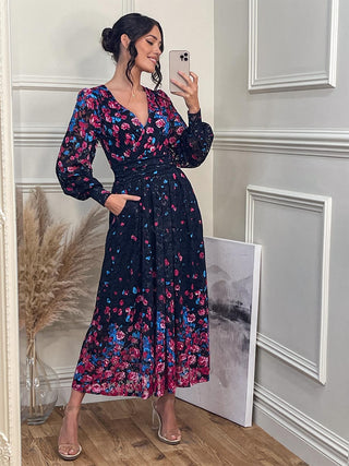 Mari Sky Blue Satin Floral Print Puff Sleeves Wrap Dress – HOUSE OF MAGUIE
