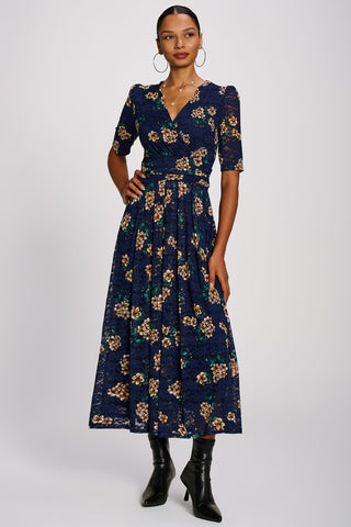 Half Sleeve Print Lace Maxi Dress, Navy Floral