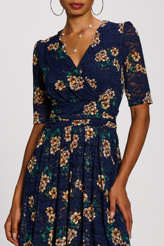 Half Sleeve Print Lace Maxi Dress, Navy Floral