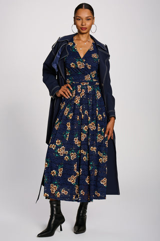 Half Sleeve Print Lace Maxi Dress, Navy Floral