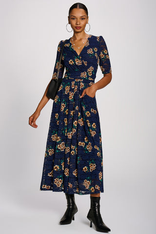Half Sleeve Print Lace Maxi Dress, Navy Floral