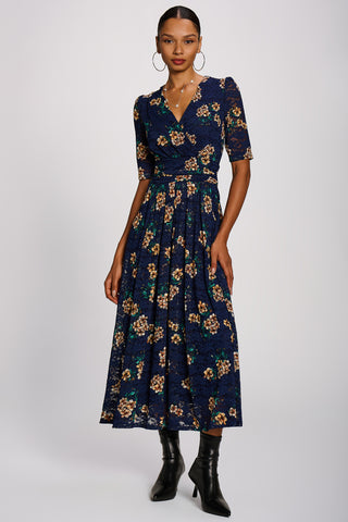 Half Sleeve Print Lace Maxi Dress, Navy Floral