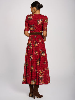 Half Sleeve Print Lace Maxi Dress, Red Floral