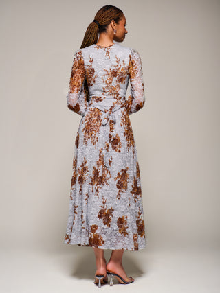Long Sleeve Printed Lace Midaxi Dress, Blue Floral